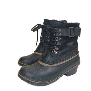 Sorel Fancy Lace Duck Boots Womens 7 Black Leather + Suede Waterproof Rubber